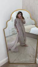 Load image into Gallery viewer, Light lilac / grey organza suit with embellishment and embroidery with duppata and trouser. Asian party wear suit.