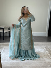 Load image into Gallery viewer, Sheesha silk suit with Gota work and embroidery and silk pleated lehenga and cotton net duppata. Party wear. Asian wedding suit.