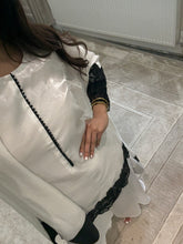Load image into Gallery viewer, black and white embroidered raw silk suit with silk plazzo and chiffon duppata party wear suit