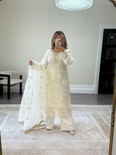 Load image into Gallery viewer, White baroque inspired organza suit with embellishment and embroidery with organza duppata and trouser. Asian party wear suit.