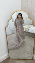 Load image into Gallery viewer, Light lilac / grey organza suit with embellishment and embroidery with duppata and trouser. Asian party wear suit.