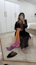 Load image into Gallery viewer, Purple velvet embroidered suit with sequin embroidery and embellishments. Chiffon duppata. Eid and party wear.