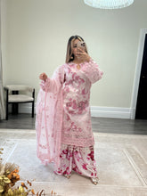 Load image into Gallery viewer, Pink floral embroidered suit with organza duppata and wide leg silk trouser. Eid collection. Party wear.