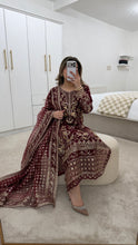 Load image into Gallery viewer, Maroon embroidered suit with full embellishment detailing and organza embroidered duppata. Crepe trouser. Eid collection and party wear