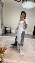 Load image into Gallery viewer, Raw silk black and white hand embroidered 3 piece suit with organza duppata