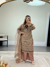 Load image into Gallery viewer, Mauve Organza embellished suit with stonework. Cotton net duppata and cotton silk trouser.