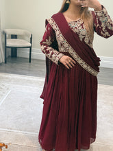 Load image into Gallery viewer, Chiffon frock style suit with sari draped duppata and hand embellishments and silk trouser. Eid collection. Party wear.