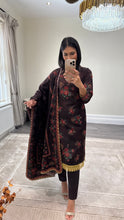 Load image into Gallery viewer, Winter printed dhanak suits with lace details and cheddar duppata. Shirt with trouser and duppata winter prints Asian casual suit (immediate dispatch)