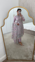 Load image into Gallery viewer, Defective Lilac / silver cotton net embroidered suit with cotton net duppata and crepe trouser (Copy)