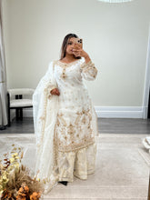 Load image into Gallery viewer, Elegant white beauty diamonte 3 piece suit with organza duppata and sharara