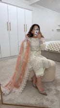 Load image into Gallery viewer, White sparkle chiffon embroidered suit with cotton net duppata and crepe trouser
