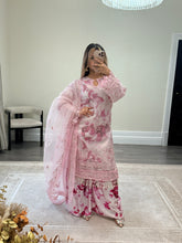 Load image into Gallery viewer, Pink floral embroidered suit with organza duppata and wide leg silk trouser. Eid collection. Party wear.