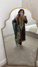 Load image into Gallery viewer, Black silk floral embroidered 3 piece suit with silk duppata