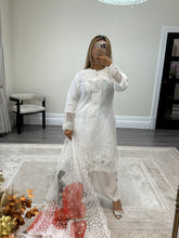 Load image into Gallery viewer, White embroidered shirt with floral print organza duppata and silk trouser