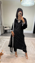 Load image into Gallery viewer, Black/pink velvet embroidered suit with velvet trouser and chiffon duppata