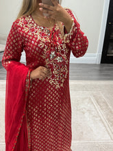 Load image into Gallery viewer, Red embroidered suit with foil work and mirror work embellishments with trouser and chiffon duppata