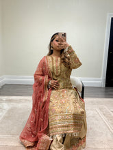 Load image into Gallery viewer, DEFECTIVE Baroque inspired golden chiffon embroidered suit with sharara with chiffon duppata. (Copy)