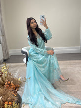 Load image into Gallery viewer, Cutdana grey/blue suit with embroidered cotton net duppata and trouser. Party wear. Eid collection.