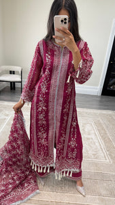 Sameera - Organza heavily embroidered suit with lace embroidery detailing and tassel finish fully embroidered duppata