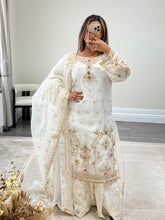 Load image into Gallery viewer, Elegant white beauty diamonte 3 piece suit with organza duppata and sharara