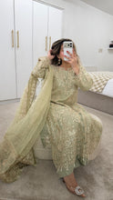 Load image into Gallery viewer, Olive / Teal/ white baroque inspired organza suit with embellishment and embroidery with organza duppata and trouser. Asian party wear suit.