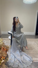 Load image into Gallery viewer, Cutdana grey/blue suit with embroidered cotton net duppata and trouser. Party wear. Eid collection.