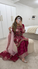 Load image into Gallery viewer, Jazmin inspired chiffon embroidered suit with chiffon duppata and wide leg embroidered trouser