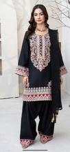 Load image into Gallery viewer, Black and Red Dhanak winter collection short shirt with button detailing with farshi shalwar and embroidered chiffon duppata (Copy)