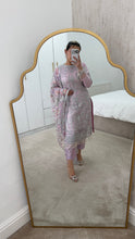Load image into Gallery viewer, Defective Lilac / silver cotton net embroidered suit with cotton net duppata and crepe trouser (Copy)
