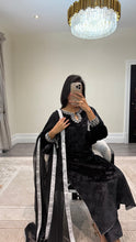 Load image into Gallery viewer, Black/pink velvet embroidered suit with velvet trouser and chiffon duppata