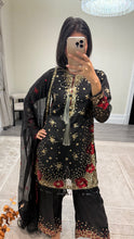 Load image into Gallery viewer, Black/ white chiffon embroidered suit with sequin embroidery and embellishments. Chiffon duppata. Eid and party wear.