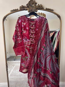 Maria B inspired embroidered lawn suit maroon floral with chiffon duppata
