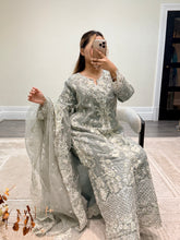 Load image into Gallery viewer, Light lilac / grey organza suit with embellishment and embroidery with duppata and trouser. Asian party wear suit.