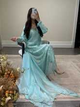 Load image into Gallery viewer, Cutdana grey/blue suit with embroidered cotton net duppata and trouser. Party wear. Eid collection.