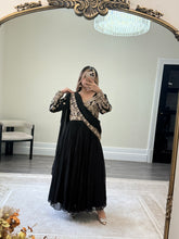 Load image into Gallery viewer, Chiffon frock style suit with sari draped duppata and hand embellishments and silk trouser. Eid collection. Party wear.