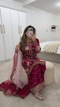 Load image into Gallery viewer, Jazmin inspired chiffon embroidered suit with chiffon duppata and wide leg embroidered trouser