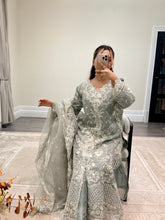 Load image into Gallery viewer, Light lilac / grey organza suit with embellishment and embroidery with duppata and trouser. Asian party wear suit.