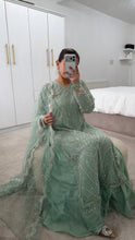 Load image into Gallery viewer, Cutdana Green suit with embroidered cotton net duppata and trouser. Party wear. Eid collection.