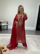 Load image into Gallery viewer, Red embroidered suit with foil work and mirror work embellishments with trouser and chiffon duppata