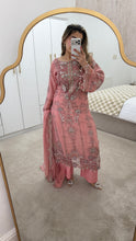 Load image into Gallery viewer, Light Pink Maria b inspired chiffon suit with embellishment and embroidery with chiffon duppata and trouser. Asian party wear suit.
