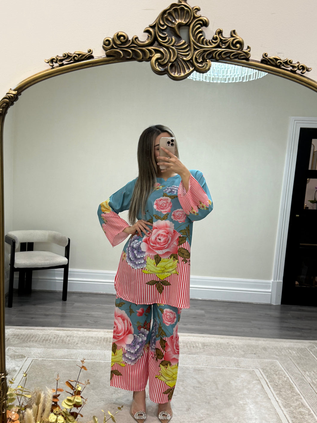 Jacquard 2 piece coord set. Shirt and trouser with printing detail. Soft jacquard fabric.