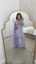 Load image into Gallery viewer, Lilac hand embroidered raw silk 3 piece suit with wide leg trouser Eid collection party wear