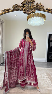 Sameera - Organza heavily embroidered suit with lace embroidery detailing and tassel finish fully embroidered duppata