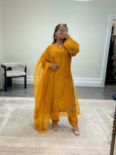 Load image into Gallery viewer, Korean raw silk suit with emrboidery and lace details. Organza duppata. Party wear. Eid collection.