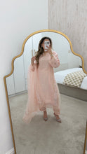 Load image into Gallery viewer, Korean raw silk suit with emrboidery and lace details. Organza duppata. Party wear. Eid collection.