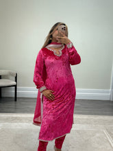 Load image into Gallery viewer, Black/pink velvet embroidered suit with velvet trouser and chiffon duppata