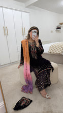 Load image into Gallery viewer, Purple velvet embroidered suit with sequin embroidery and embellishments. Chiffon duppata. Eid and party wear.