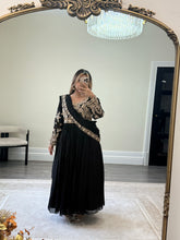 Load image into Gallery viewer, Chiffon frock style suit with sari draped duppata and hand embellishments and silk trouser. Eid collection. Party wear.