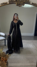 Load image into Gallery viewer, Mahira khan black sparkle suit with open gown style shirt. Duppata and trouser.