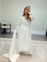 Load image into Gallery viewer, Lace net pearl embellished suit with trouser with chiffon duppata.